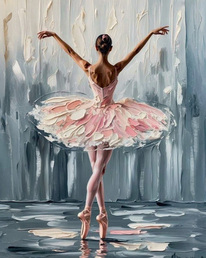 Painting of a ballerina in a pink tutu against an abstract background