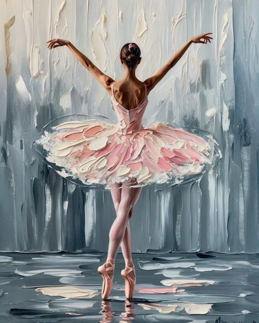 Painting of a ballerina in a pink tutu against an abstract background