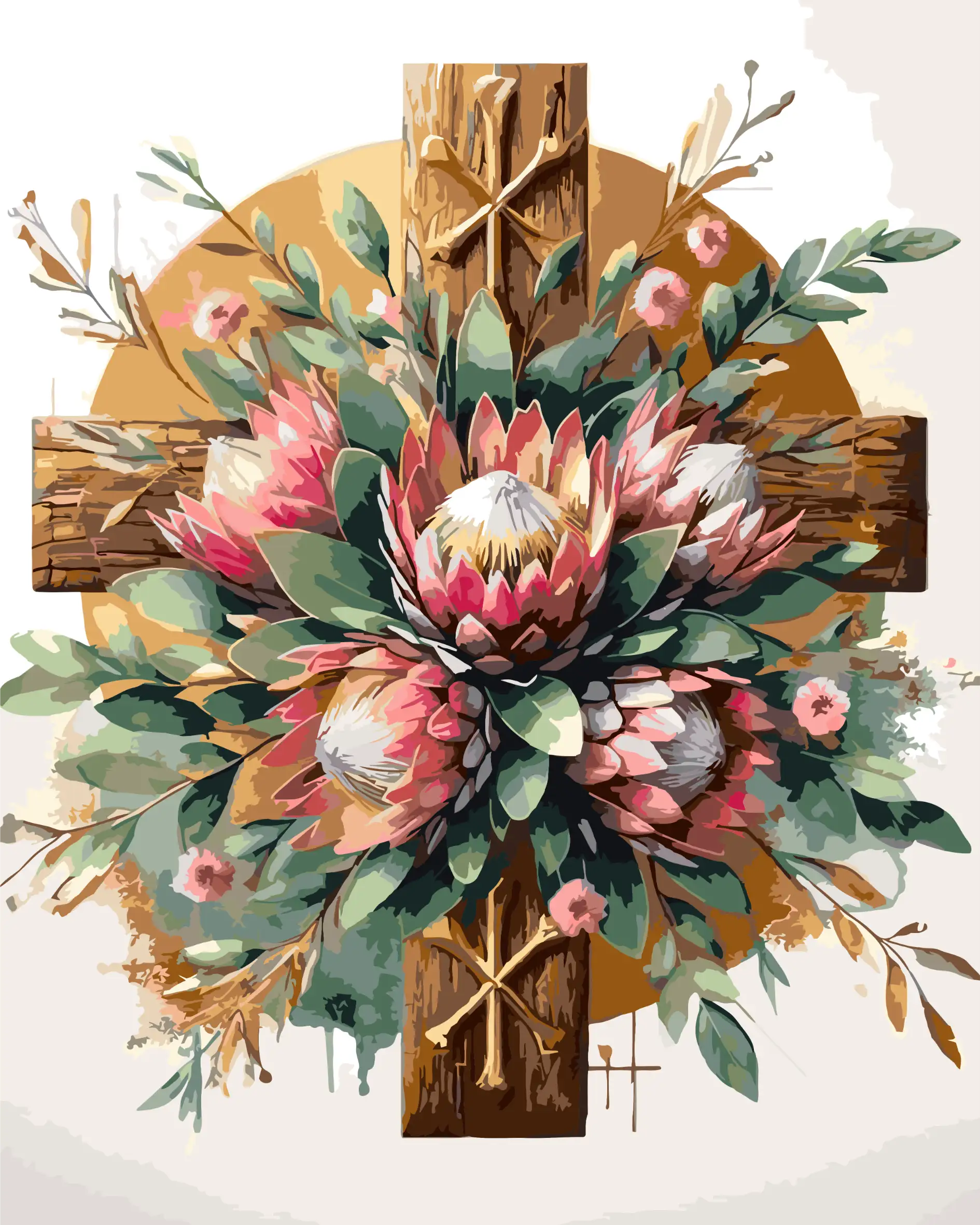 Decorative design with protea flowers, green leaves, and wooden cross elements on a white background.