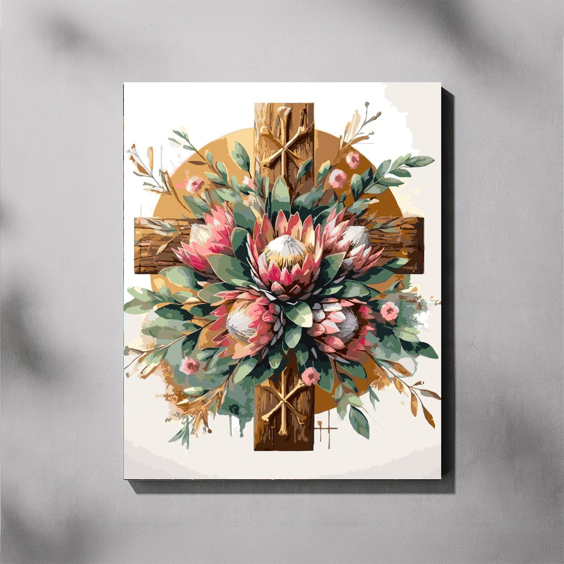 Protea Cross paint by number kit — artistic effect of King Proteas and green botanical leaves arranged around a wooden cross with a gold halo on a white background