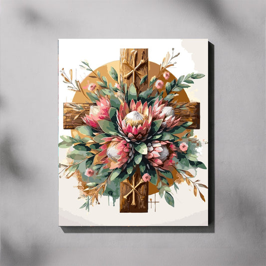 Protea Cross paint by number kit — artistic effect of King Proteas and green botanical leaves arranged around a wooden cross with a gold halo on a white background