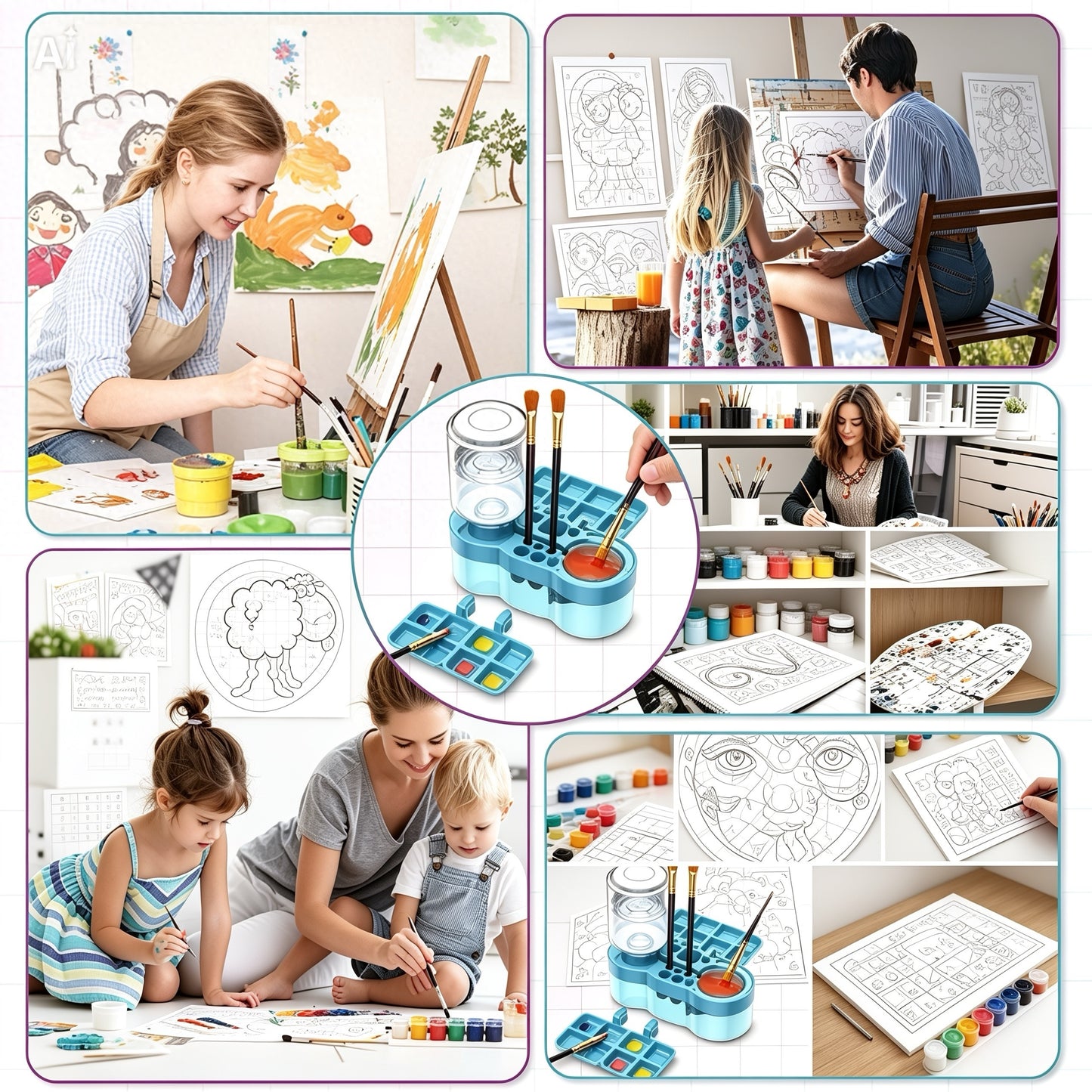 Collage of people painting and coloring with a focus on art supplies including a paintbrush holder.