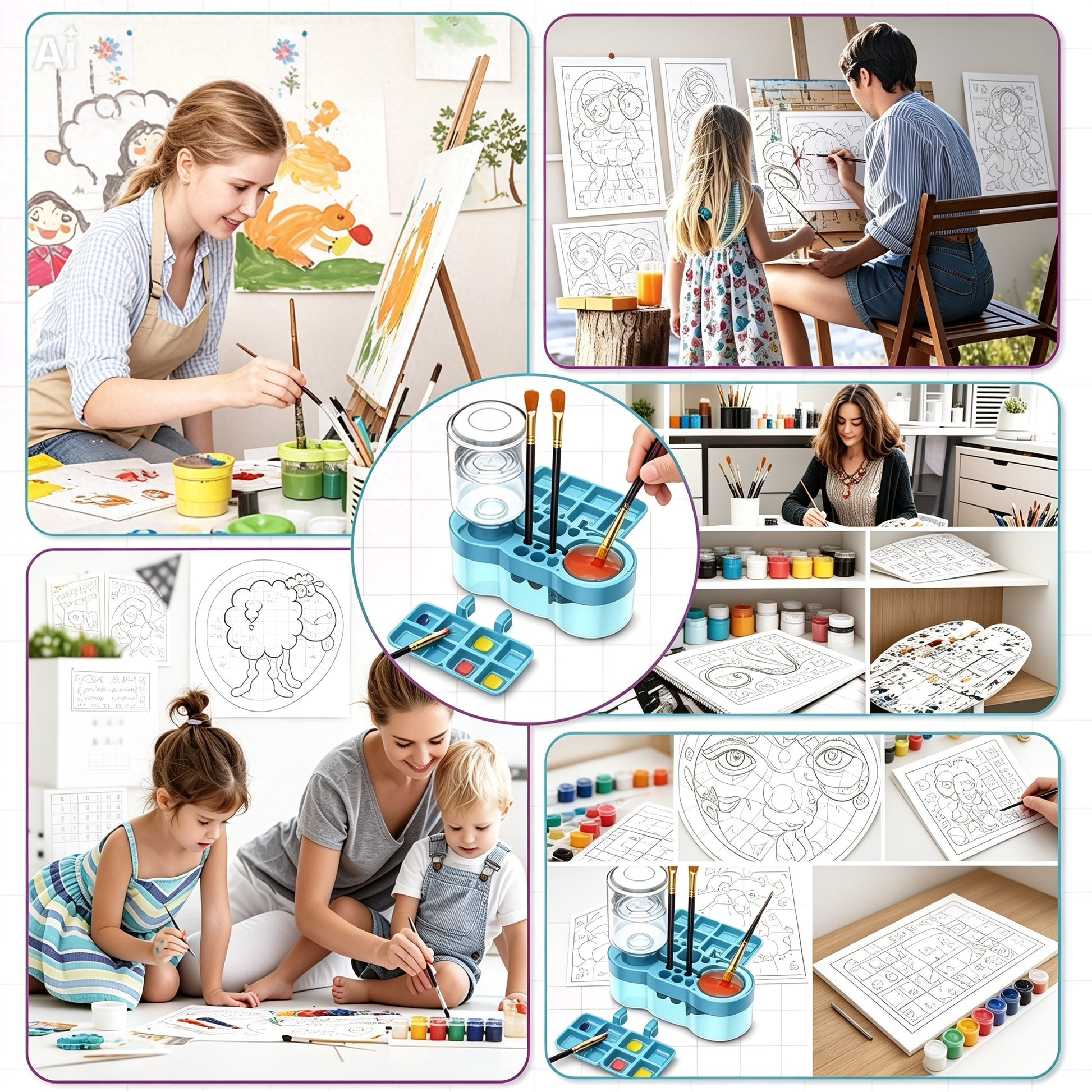 Collage of people painting and coloring with a focus on art supplies including a paintbrush holder.