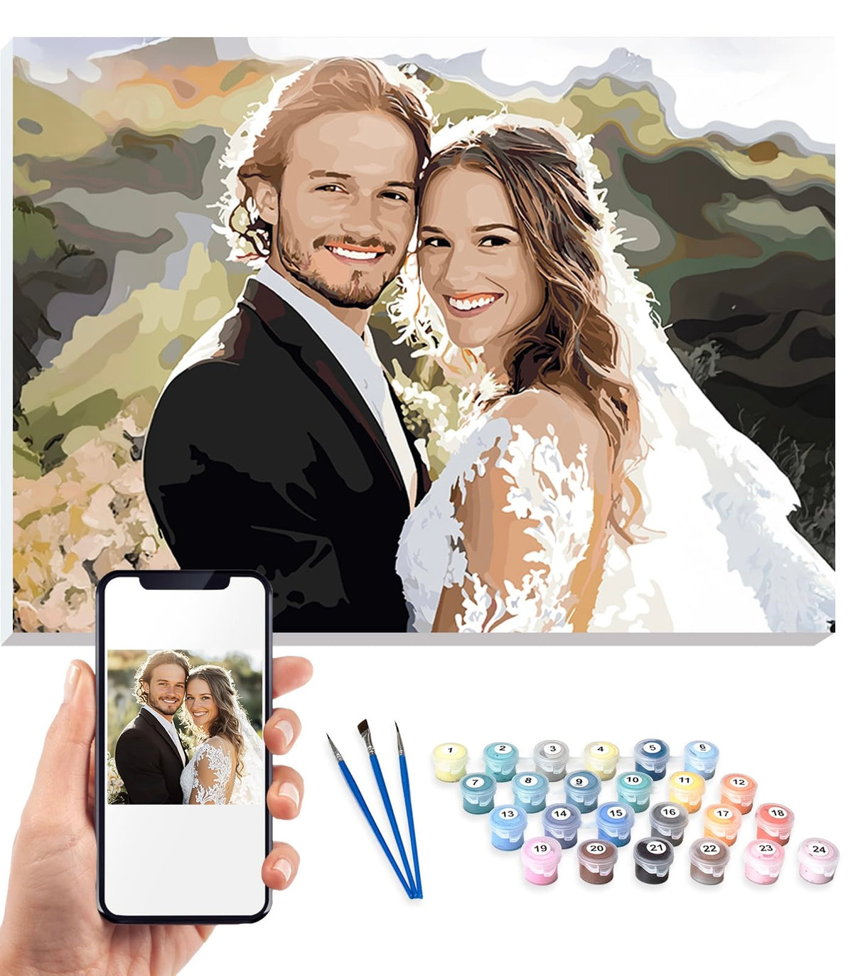 A canvas print of a stylized, painted wedding portrait of a couple, shown above a hand holding a smartphone displaying the original photo reference, with two paintbrushes and a row of small numbered paint pots on a white background.