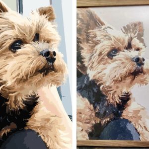 Photo of Dog's face on the left, finished personalised paint by number of the same dog on the right