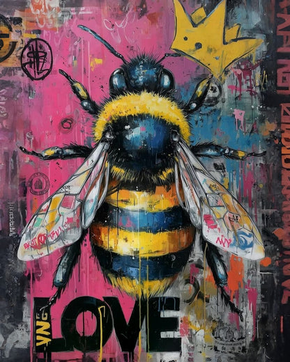 A vibrant graffiti-style paint by number of a bumblebee centered on a colorful abstract background with paint drips, spray-paint marks, and the word 'LOVE' at the bottom.