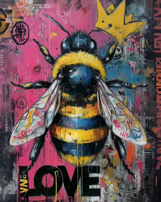 A vibrant graffiti-style paint by number of a bumblebee centered on a colorful abstract background with paint drips, spray-paint marks, and the word 'LOVE' at the bottom.