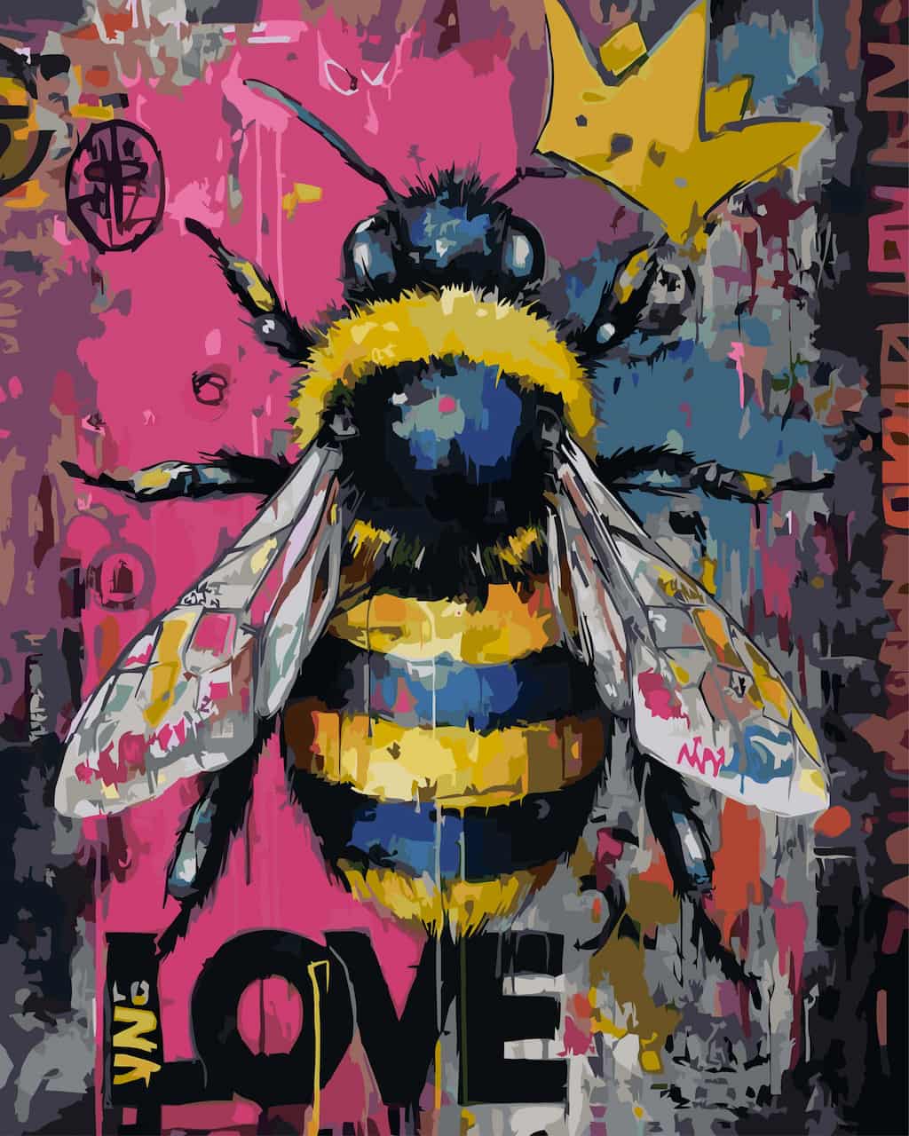A colorful graffiti-style paint by number of a bumblebee centered on a pink, blue, gray, and black abstract background with paint drips and text elements.