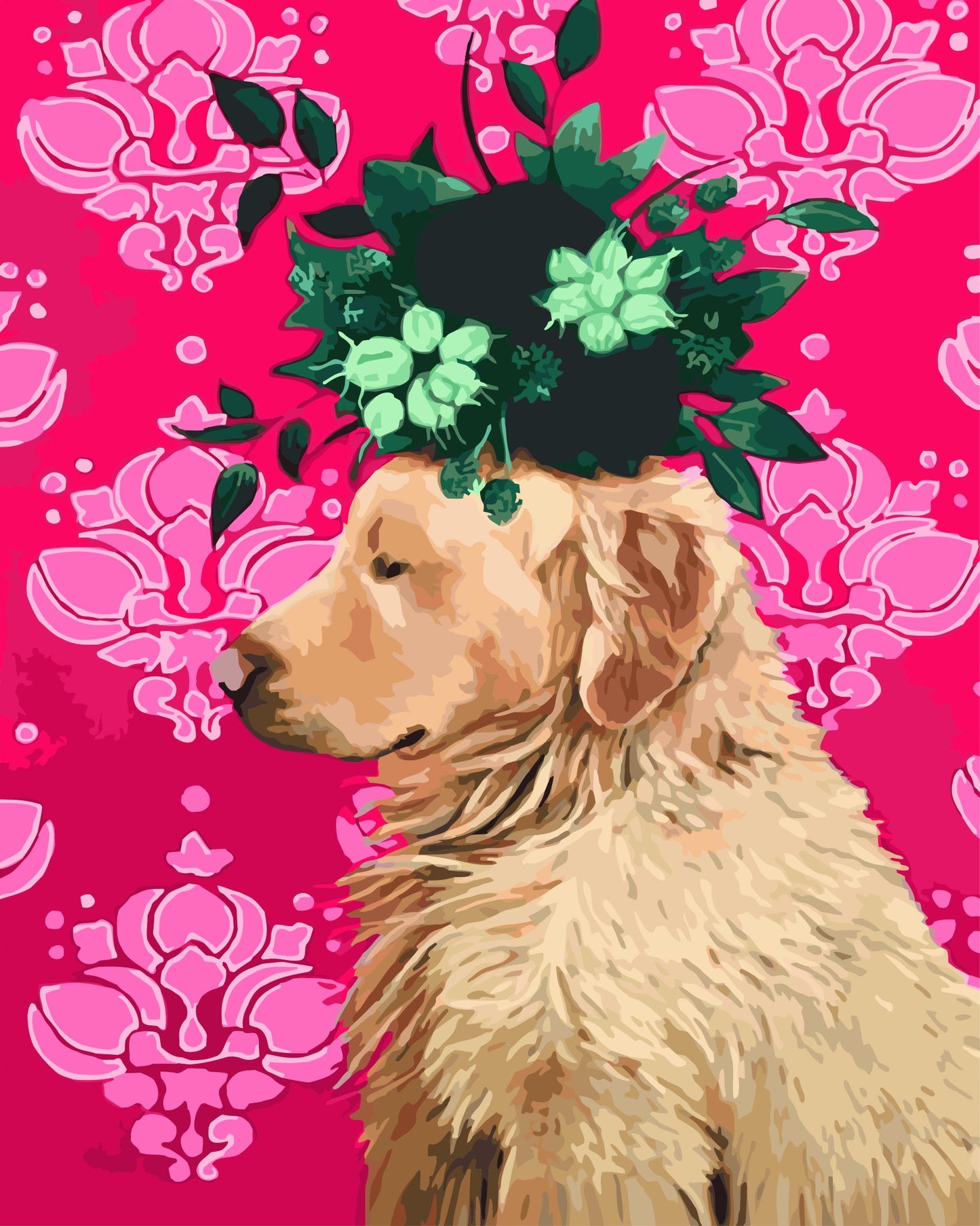 Retriever Love paint by number kit — artistic effect of a golden retriever with a leaf crown in warm golden, deep green and hot pink tones
