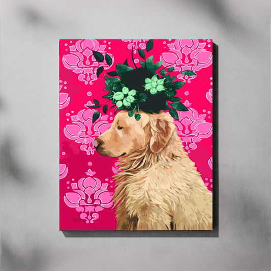 Retriever Love paint by number kit — completed canvas mockup of a golden retriever in side profile wearing a crown of green leaves and berries against a vivid hot pink damask background
