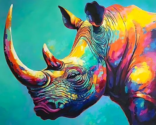 Colorful rhinoceros painting on a blue background