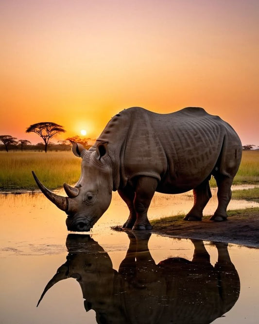 Rhino standing in water with a sunset in the background
