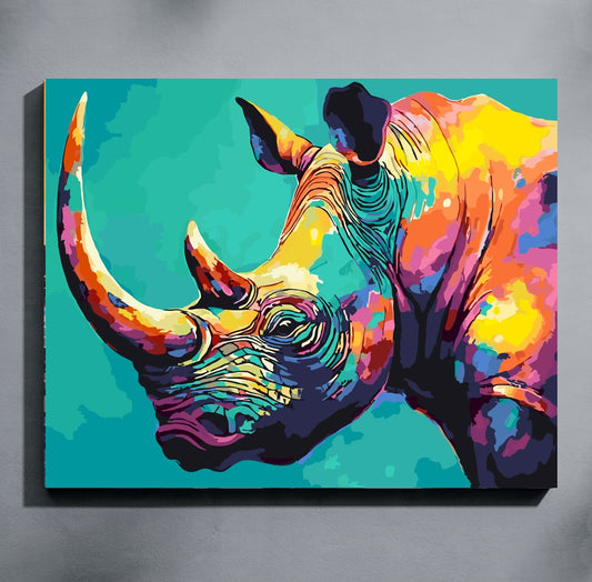 Colorful rhino painting on a teal background