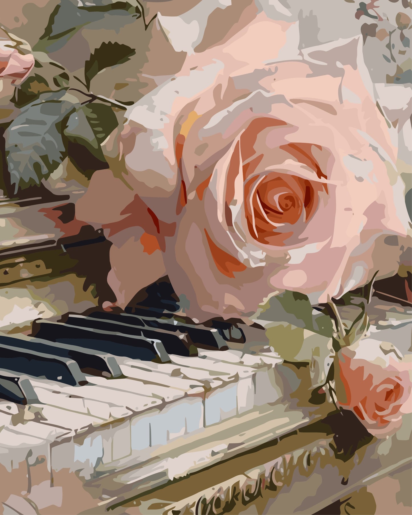 Pink roses on a piano with a floral background
