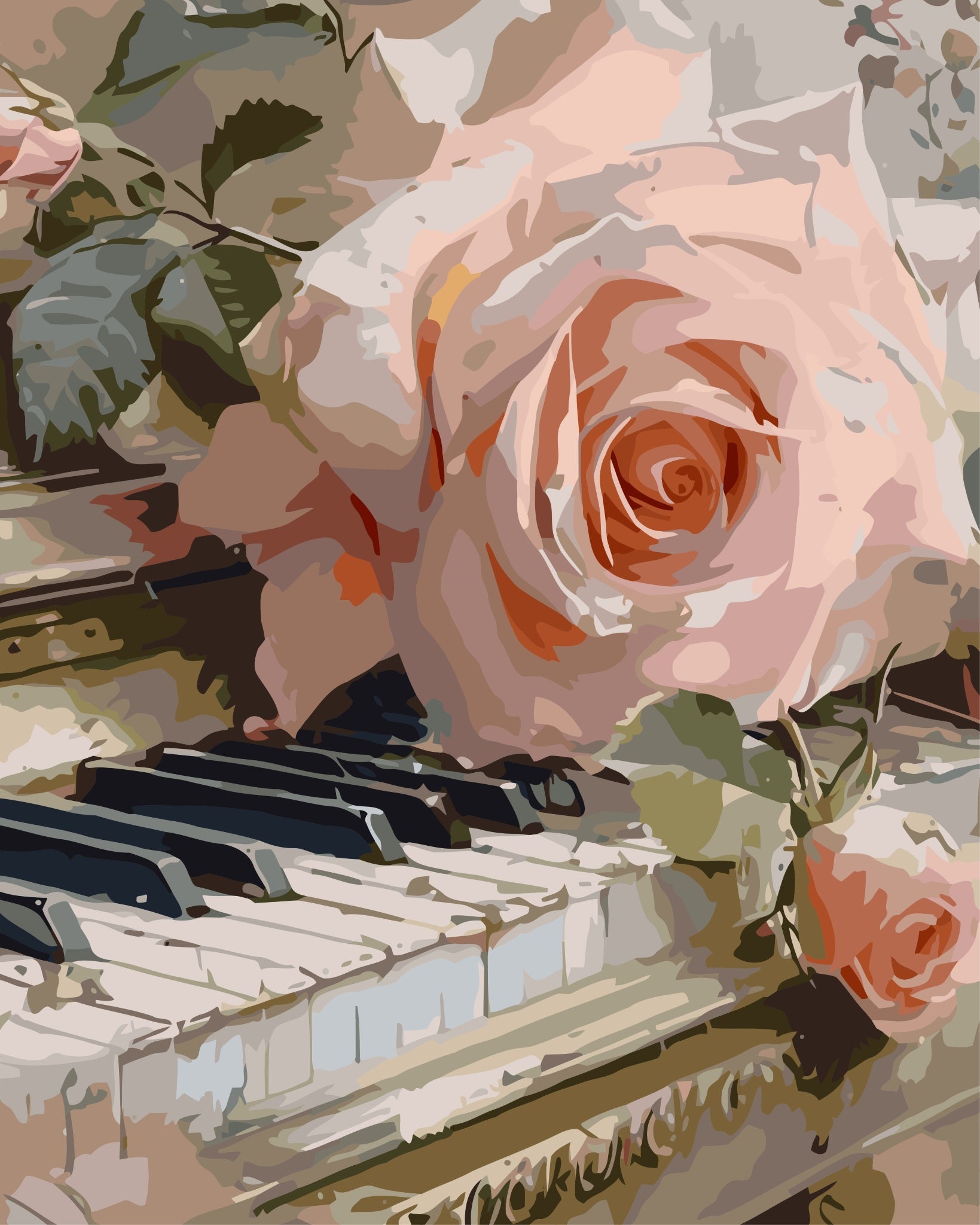 Pink roses on a piano with a floral background