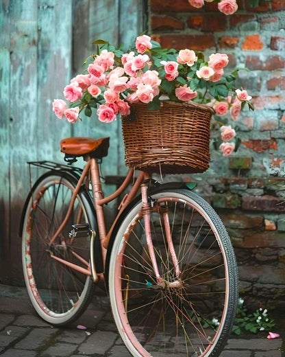 Vintage bicycle with a basket of pink flowers against a rustic brick wall.
