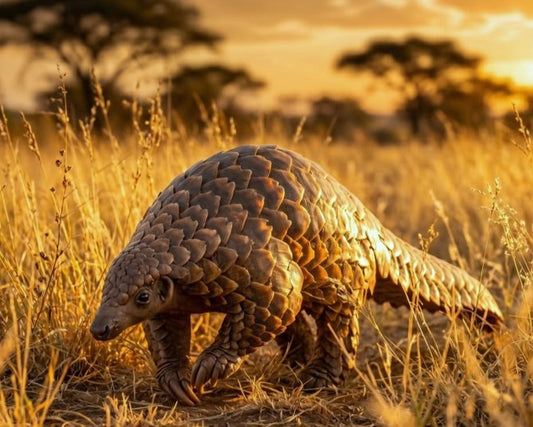 A pangolin walks through golden grass in a savanna at sunset, with blurred trees in the backgroun