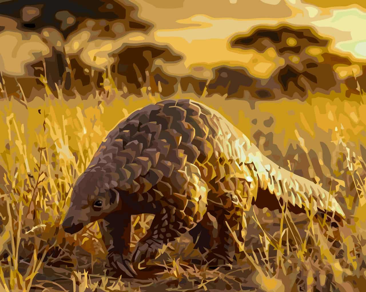 Paint by number of a pangolin walking through dry golden grass under a warm yellow sky.