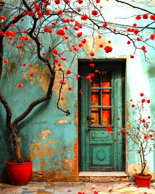 Decorative door with red floral decorations on a textured wall