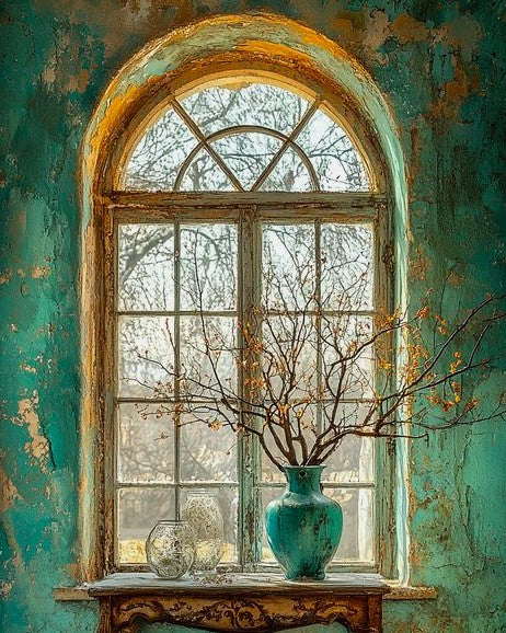 Vintage window with a vase and branches on a distressed teal wall