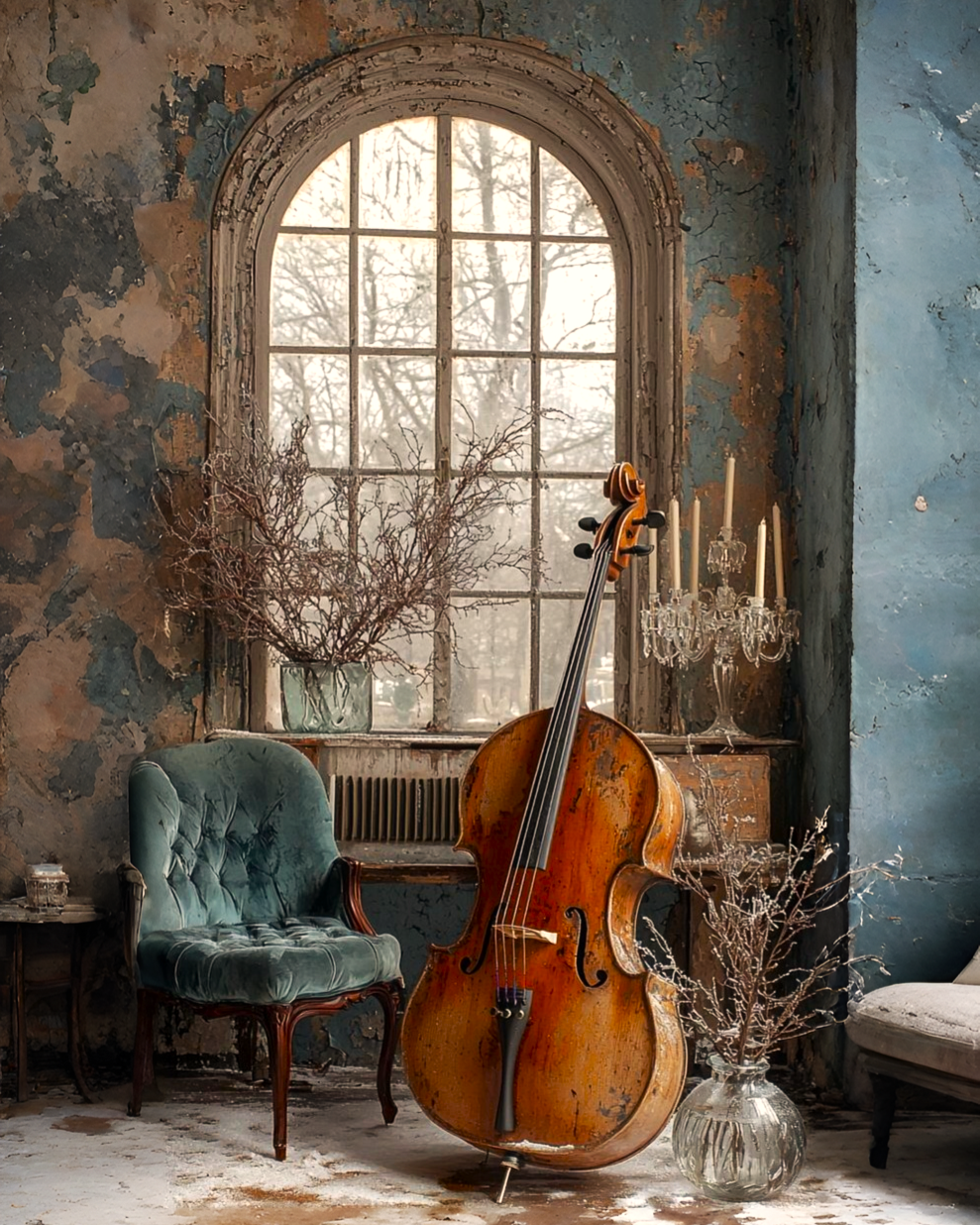A large wooden cello stands in a rustic, weathered room with peeling blue and beige walls, positioned in front of an arched window. A teal velvet armchair sits to the left, and dried floral arrangements in glass vases and a crystal candelabra rest on a cabinet nearby.