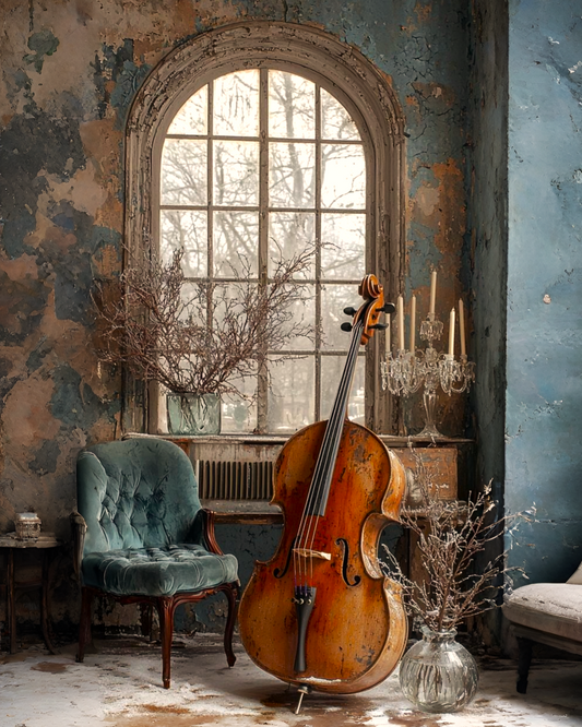 A large wooden cello stands in a rustic, weathered room with peeling blue and beige walls, positioned in front of an arched window. A teal velvet armchair sits to the left, and dried floral arrangements in glass vases and a crystal candelabra rest on a cabinet nearby.