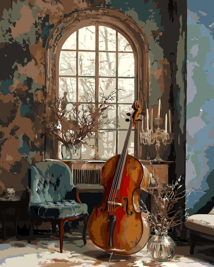 Paint by number of a large cello centered in front of an arched window, a blue upholstered armchair to the left, and decorative branches in glass vases. The artwork uses painterly blue, beige, brown, and muted teal tones.
