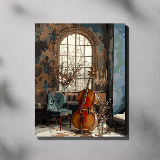 A vertical canvas paint by number  depicting a vintage interior scene with a large cello, an arched window, a blue upholstered chair, and candelabras, shown hanging on a light gray wall with soft shadow overlays.