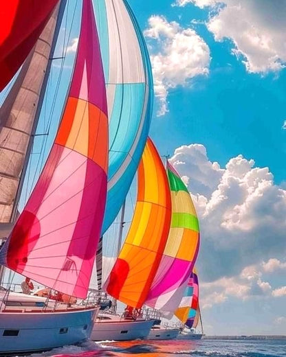 Colorful sailboats against a blue sky with white clouds