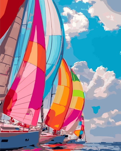 Colorful sailboats against a blue sky with white clouds