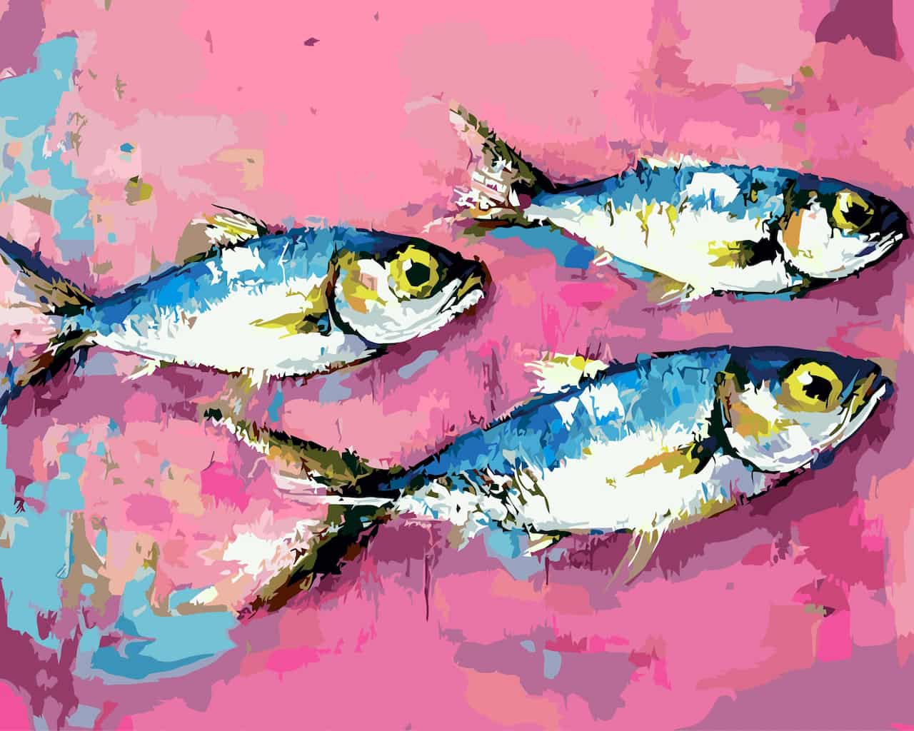 A colorful abstract paint by number of three fish swimming across a pink background with splashes of blue and yellow.