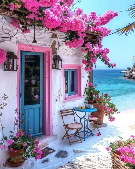 Colorful Mediterranean-style house with pink flowers and a blue door, overlooking the sea.
