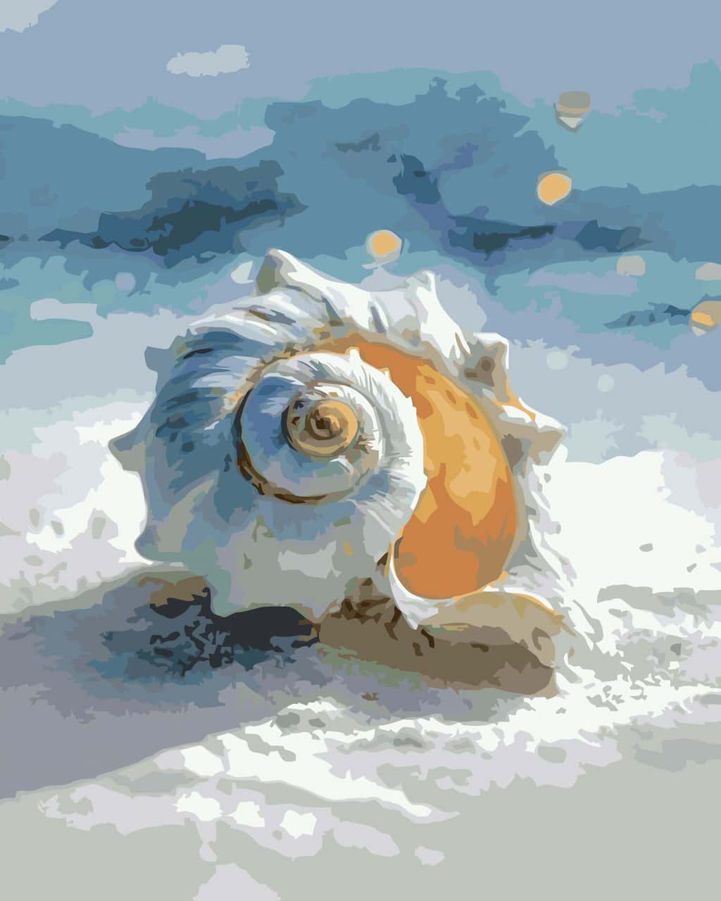 A completed paint by number of a spiral seashell resting on white sand, with blue water and sky in the background.