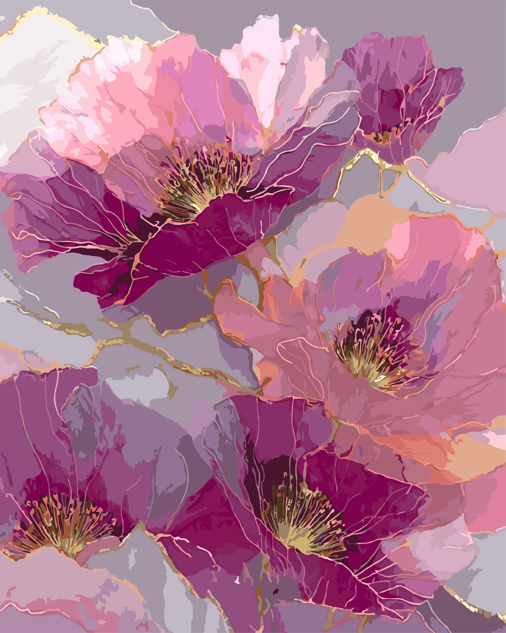 Shades of Pink paint by number kit effect image — completed 40x50cm stretch framed canvas showing bold pink and magenta poppy blooms with gold detail, floral wall art South Africa
