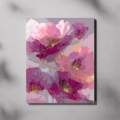Shades of Pink paint by number kit mockup — completed canvas of large poppy blooms in deep magenta, warm pink and soft purple with gold veining, 40x50cm stretch framed canvas South Africa
