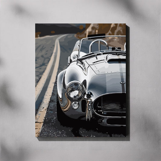 Canvas print of a classic car on a road with a gray background