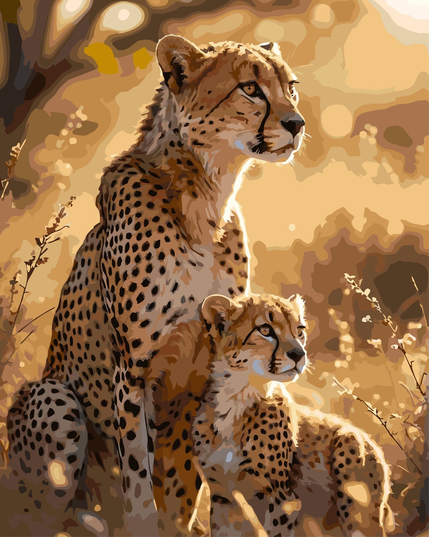 Two cheetahs in a natural setting with a warm color palette.