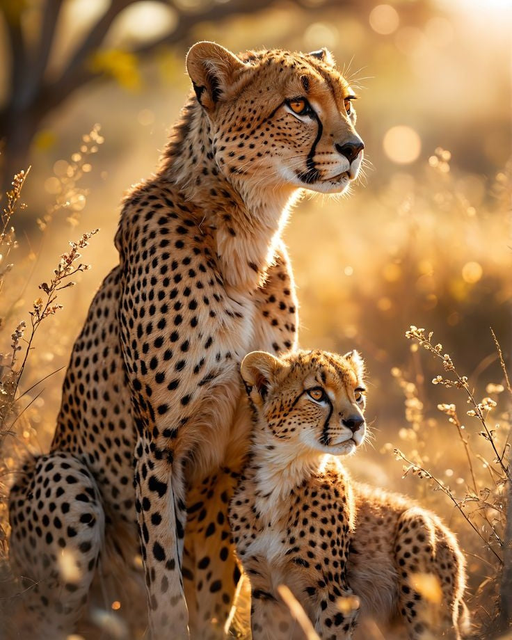 Two cheetahs standing close together in a natural setting with warm lighting.