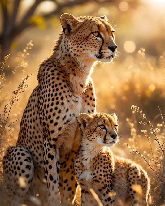 Two cheetahs standing close together in a natural setting with warm lighting.