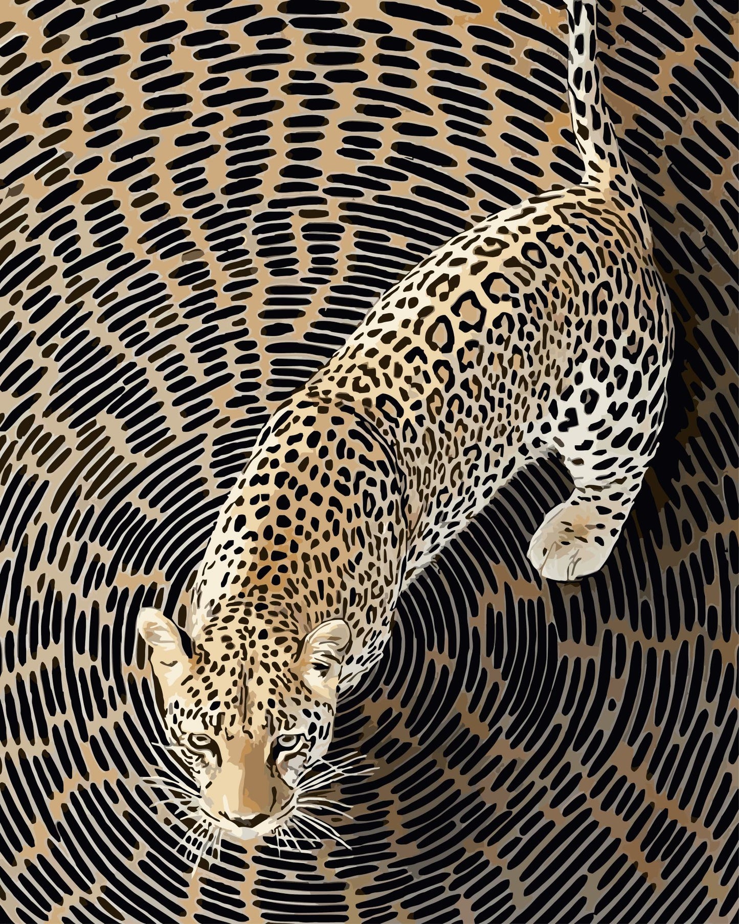 Spiralling Leopard paint by number kit — artistic effect of a leopard and swirling spiral pattern merging in warm sand, golden amber and black tones

