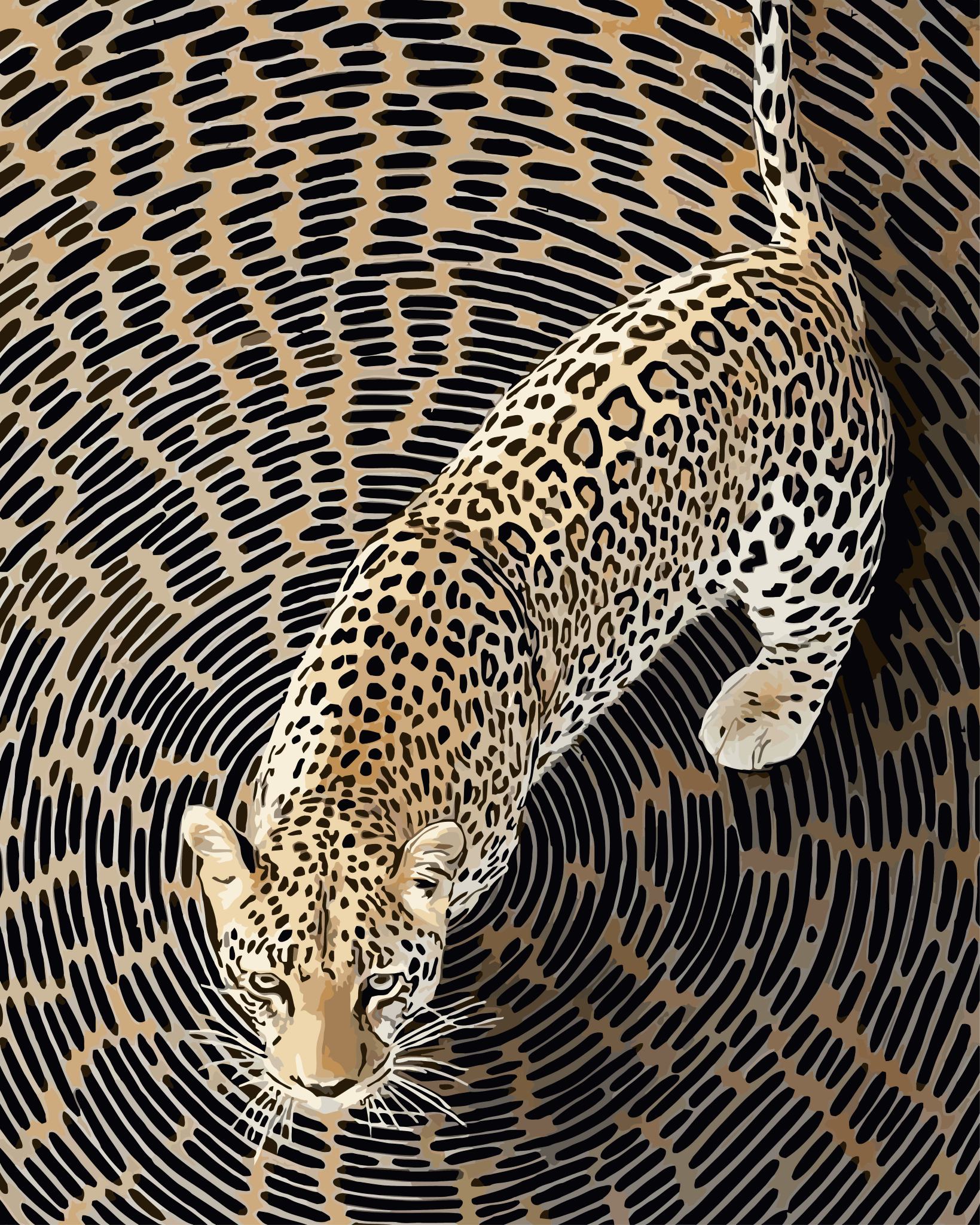 Spiralling Leopard paint by number kit — artistic effect of a leopard and swirling spiral pattern merging in warm sand, golden amber and black tones
