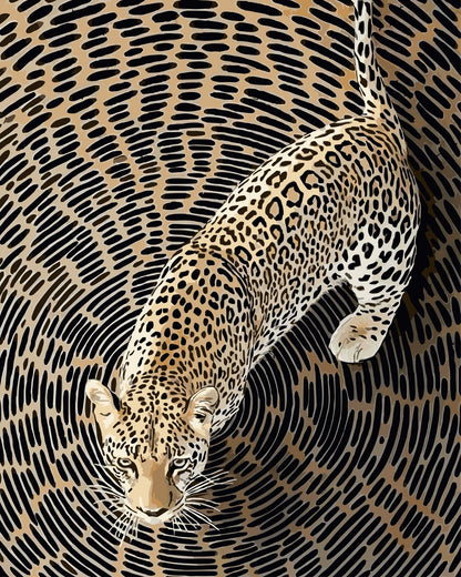 Spiralling Leopard paint by number kit — artistic effect of a leopard and swirling spiral pattern merging in warm sand, golden amber and black tones
