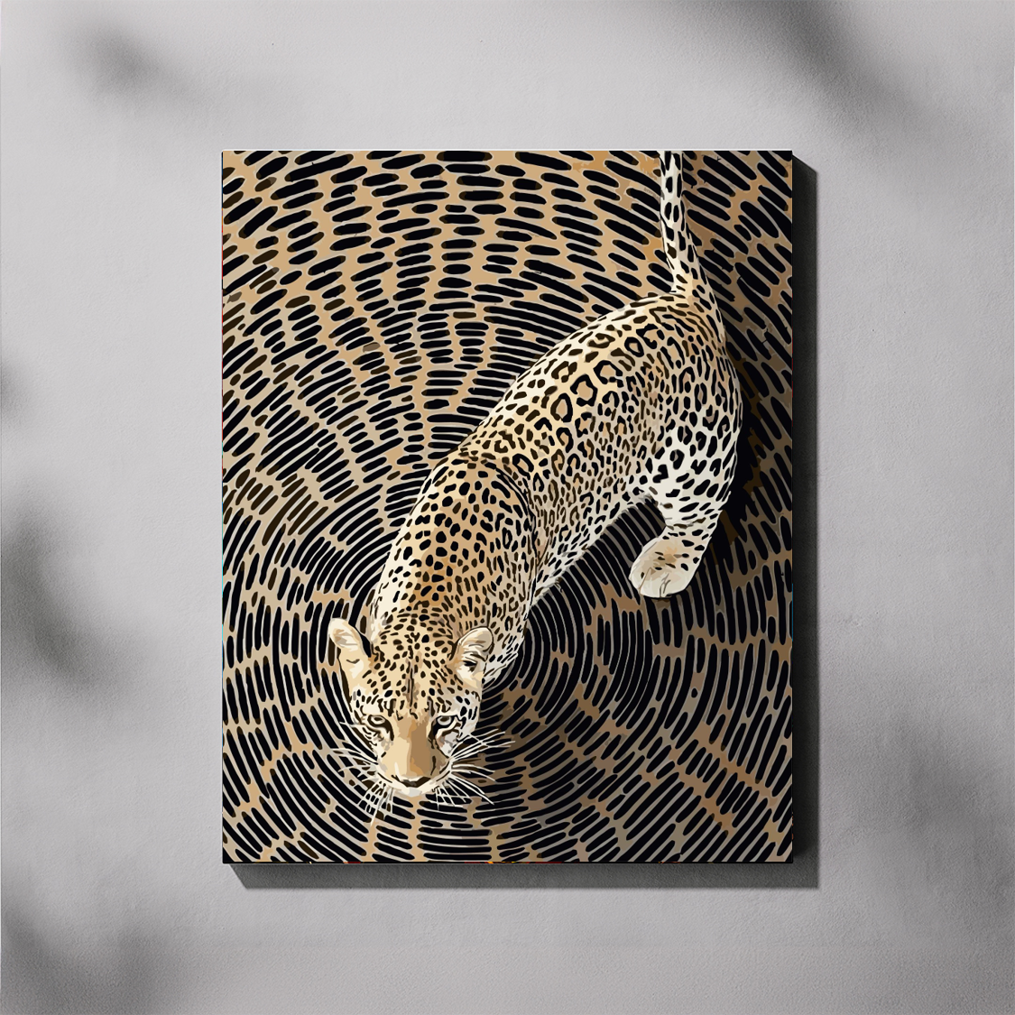 Spiralling Leopard paint by number kit — completed canvas mockup of a leopard viewed from above stalking forward against a hypnotic swirling spiral pattern in warm sand and black
