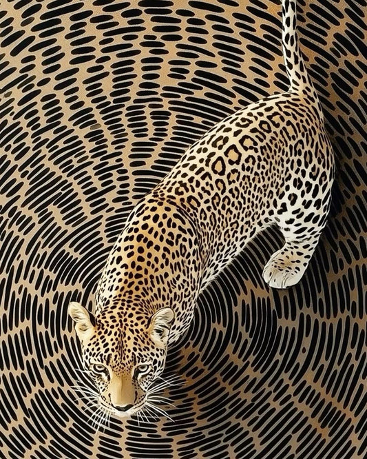 Leopard on a spiral patterned background