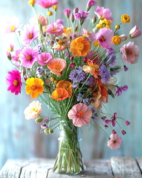 Bouquet of colorful flowers in a clear vase on a wooden surface with a light blue background