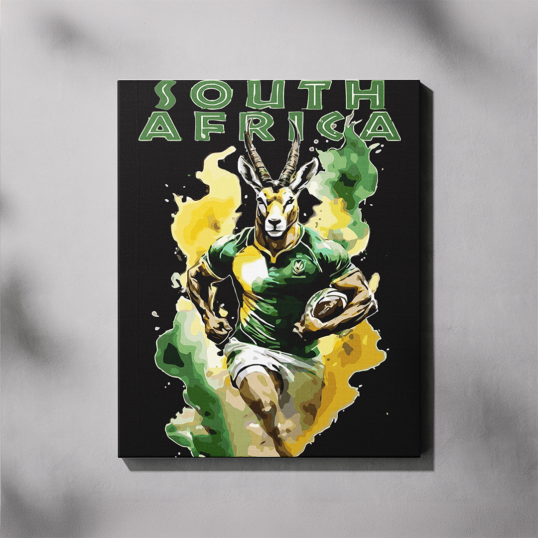 Canvas print with springbok depiction of a rugby player holding a ball, wearing green and gold South African rugby jersey, with 'South Africa' text above.