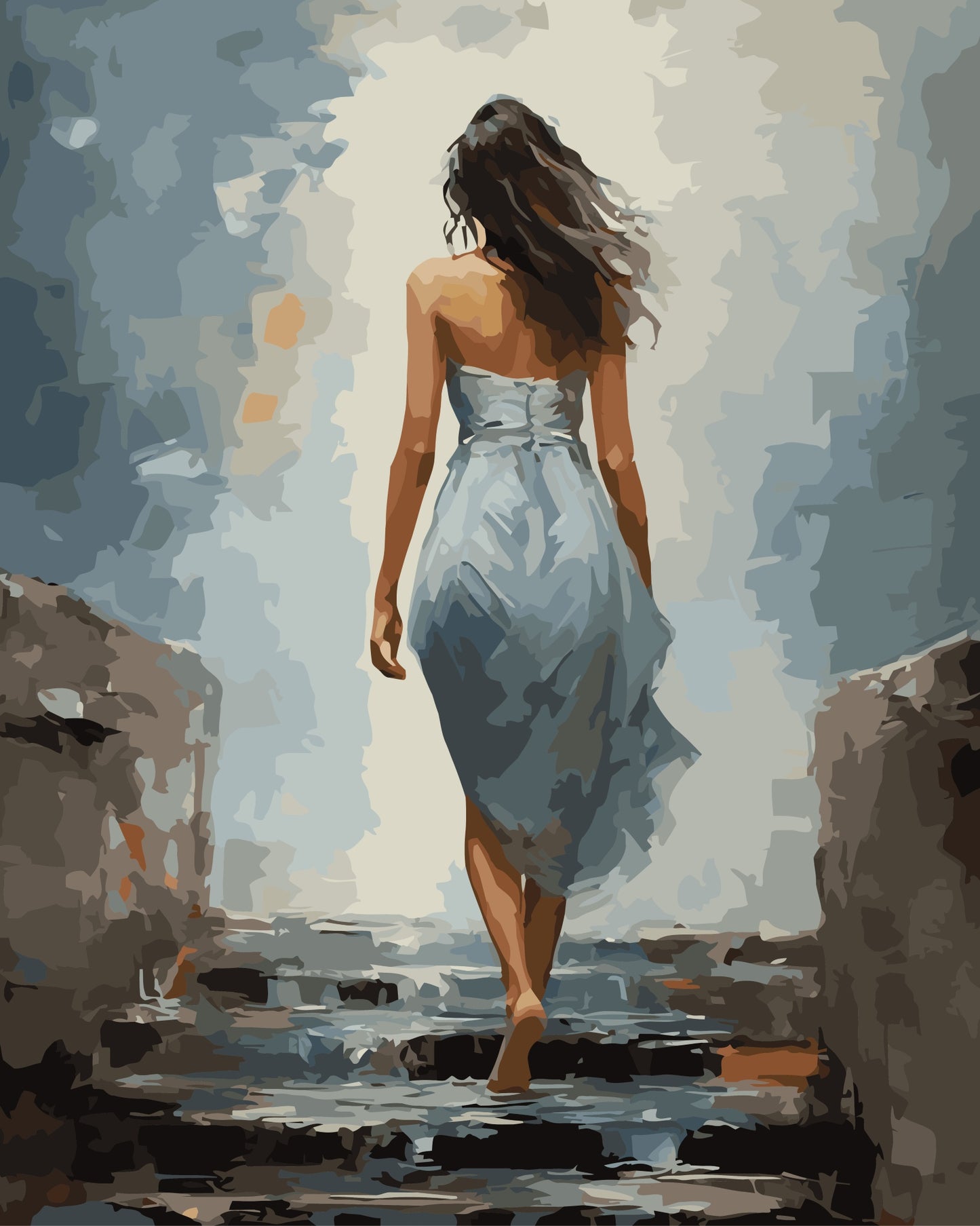 Woman in a blue dress walking up rocky steps with a cloudy sky.