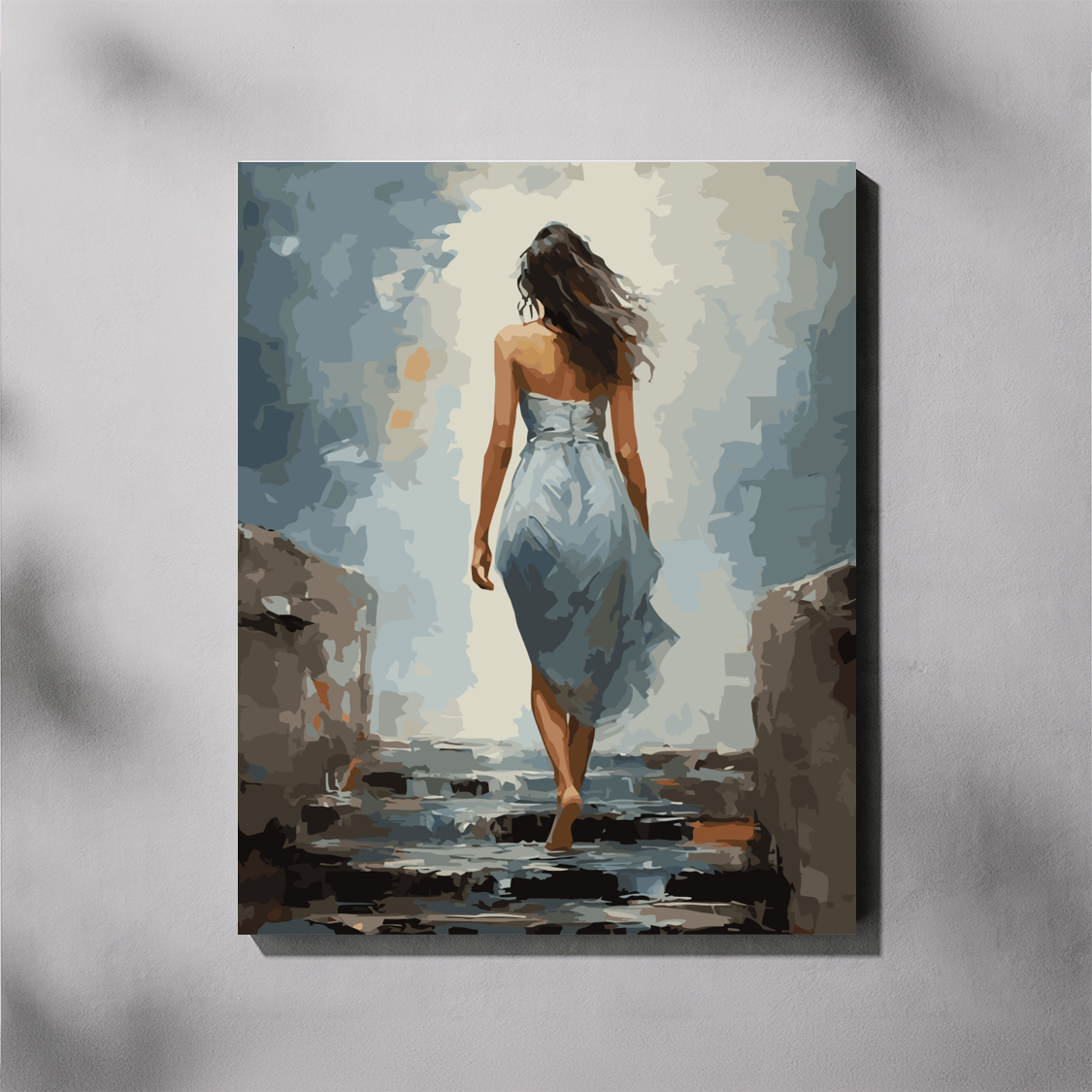 Painting of a woman in a blue dress walking along a beach.
