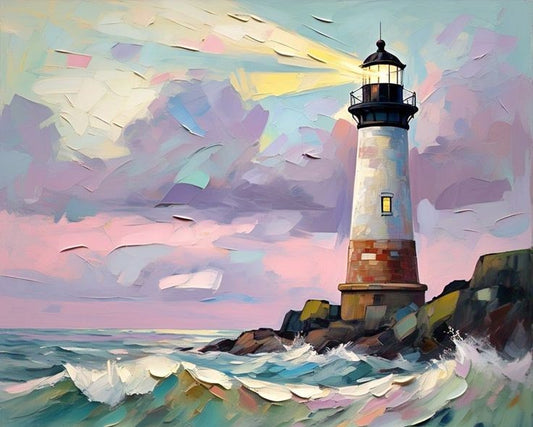 Impressionistic oil painting of a lighthouse on rocky shores with waves, rendered in pastel-like brushstrokes of pink, purple, blue, white, and yellow.