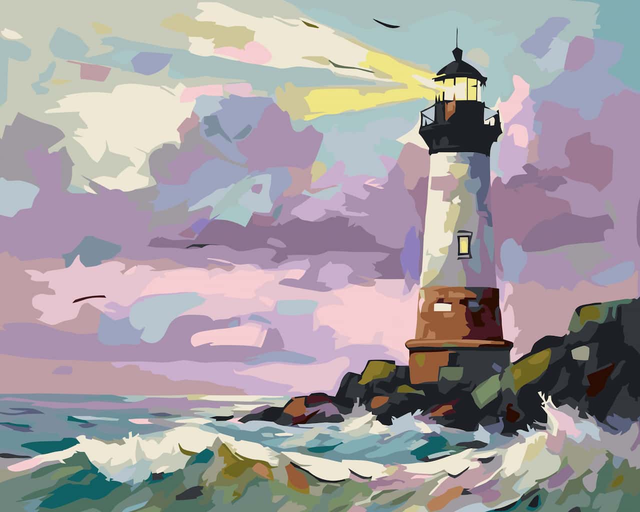 Impressionistic paint by number of a coastal lighthouse on rocky shore with ocean waves in the foreground and a pastel sky in lavender, purple, pink, blue, and cream tones.